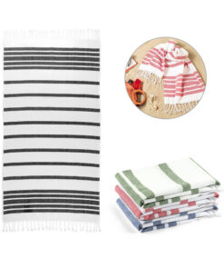 Toalha de praia personalizada sustentável com listras e franjas, disponível em diversas cores para brindes corporativos.