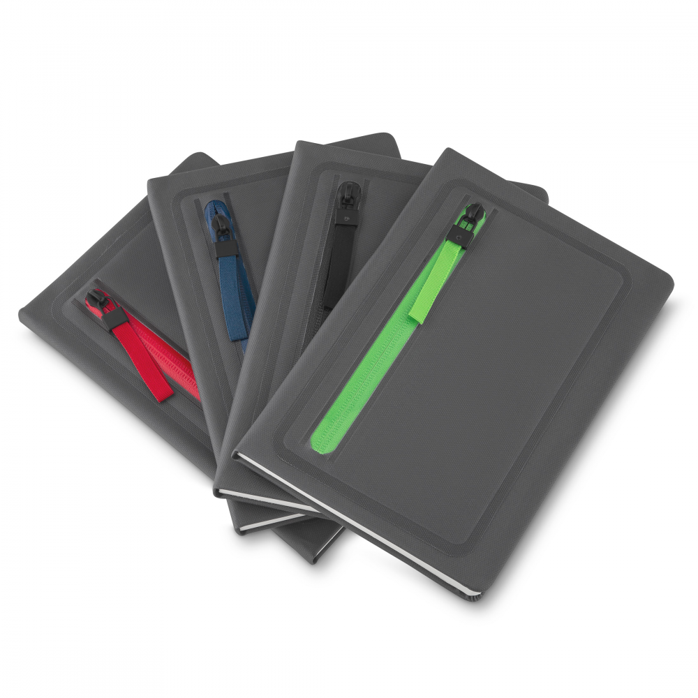 Caderno corporativo com zíper em capa PU caderno corporativo com zíper em capa cinza de pu, quatro unidades dispostas em leque com bolsos coloridos
