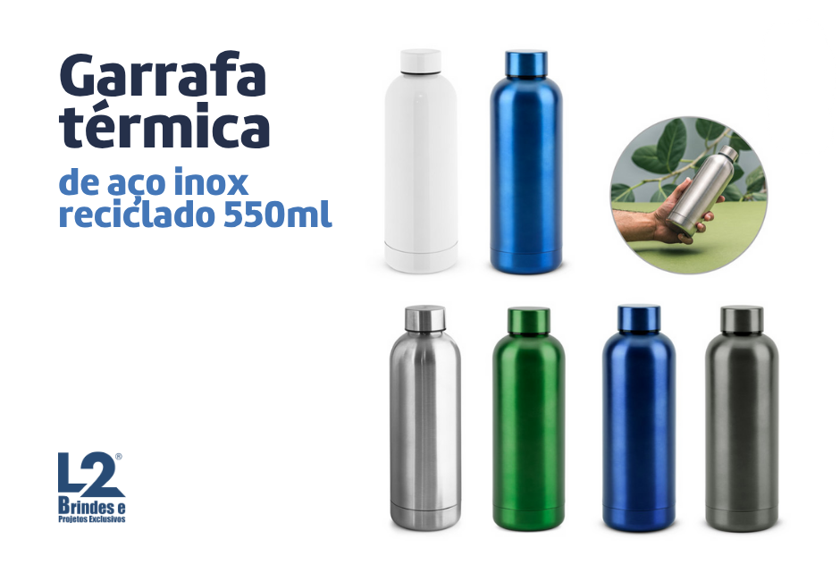 Close-up da garrafa inox reciclado em diversas cores, um brinde sustentável da L2 Brindes.
