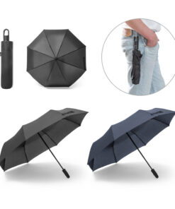 Guarda-chuva corporativo personalizado preto, automático e sustentável, mostrado aberto e fechado em sua bolsa.