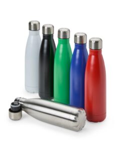 Garrafa térmica inox para brinde de 500ml, disponível em várias cores como branca, preta, verde, azul, vermelha e inox natural.