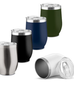 Copo térmico personalizado de 350ml em aço inox com pintura fosca em diversas cores, ideal para brindes corporativos estratégicos.