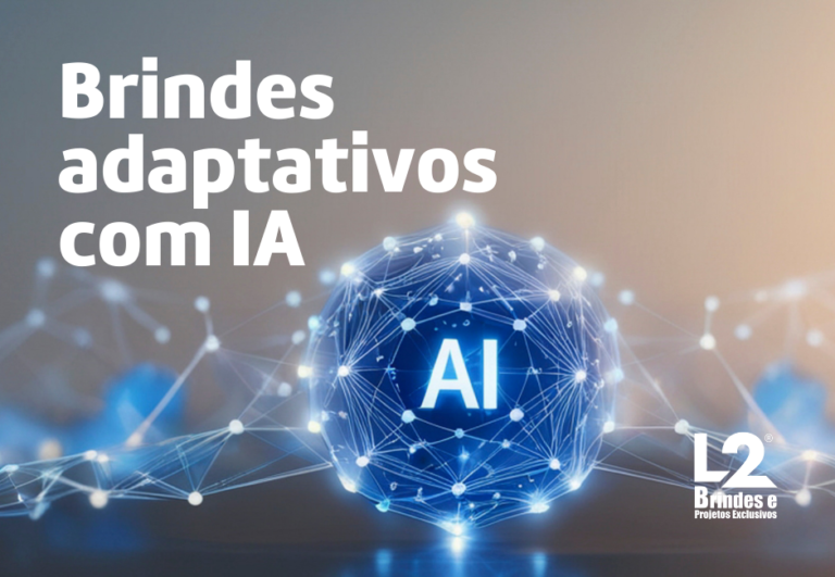 Representação visual de brindes corporativos personalizados por inteligência artificial, mostrando dispositivos e produtos adaptados a perfis de colaboradores
