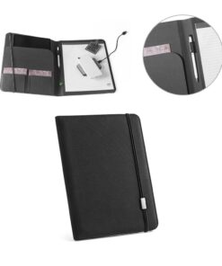 Pasta corporativa sustentável A4 de cor preta, mostrando a capa, a parte interna com bolsos e o caderno pautado.