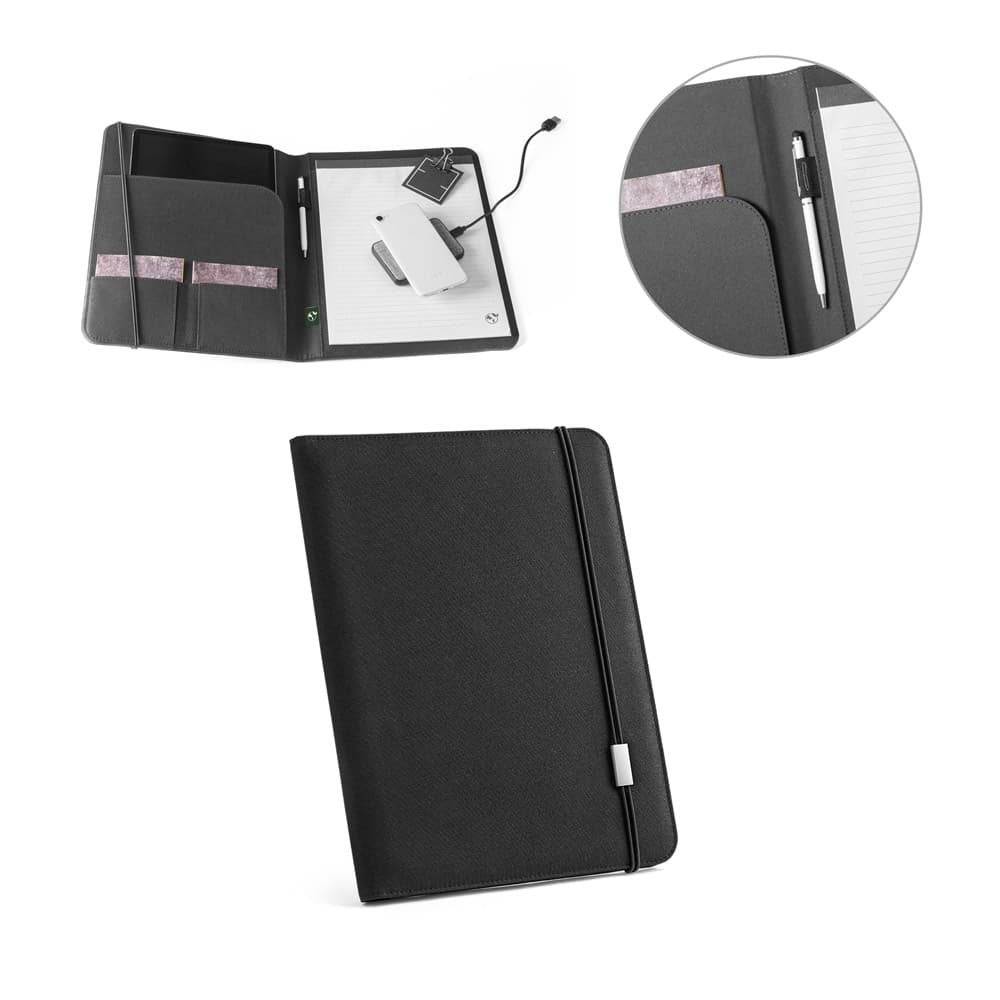 pasta-corporativa-sustentavel-reciclada-l2-brindes Pasta corporativa sustentável A4 de cor preta, mostrando a capa, a parte interna com bolsos e o caderno pautado.