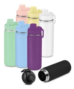 Garrafa de aço inox personalizada de 780ml em várias cores, com tampa de bico rosqueável e alça mosquetão, ideal para brindes corporativos da L2 Brindes.