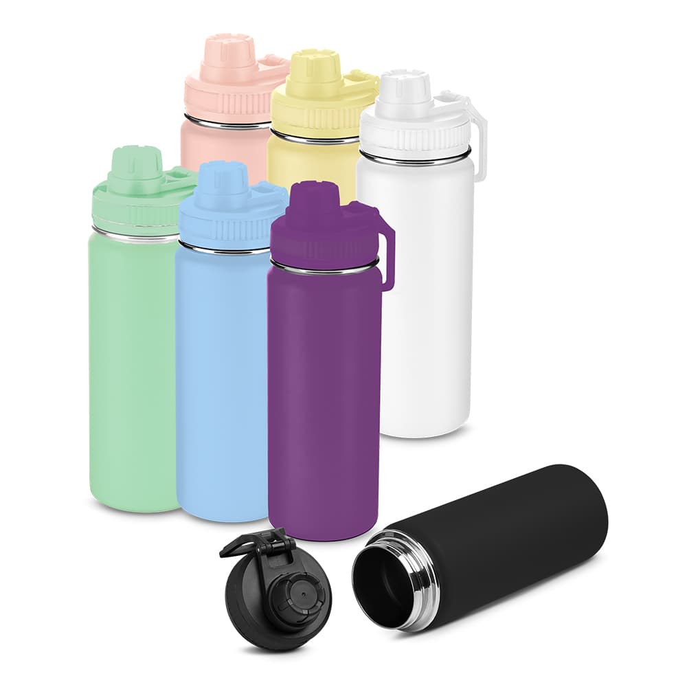 garrafa-inox-personalizada-para-brindes-corporativos Garrafa de aço inox personalizada de 780ml em várias cores, com tampa de bico rosqueável e alça mosquetão, ideal para brindes corporativos da L2 Brindes.