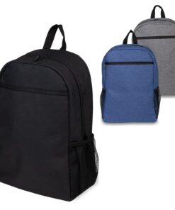 Mochila corporativa para notebook em poliéster nas cores preta, azul e cinza, com uma em primeiro plano.