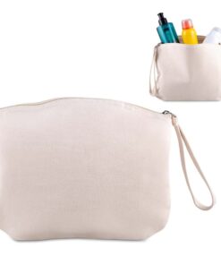 Imagem da necessaire corporativa sustentável em algodão reciclado, com uma vista frontal e outra mostrando seu uso.