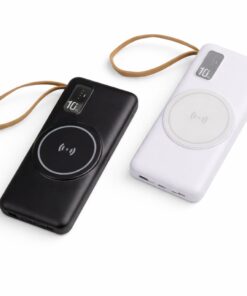 Power bank personalizado branco de 10.000mAh com base de recarga por indução e alça de transporte, visto de frente.