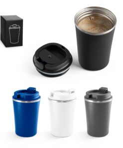 Copo térmico personalizado para empresas em aço inox, disponível nas cores azul, branco, cinza e preto, com tampa e caixa de presente.