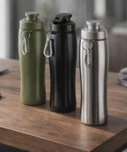 Três garrafas de aço inox personalizadas em cores diferentes sobre uma mesa de escritório, representando um brinde corporativo estratégico.