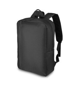 Mochila preta para notebook personalizada em fundo branco, destacando seu design minimalista como brinde corporativo para empresas.