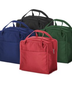 Bolsa térmica 7 litros Oxford personalizada em cores azul, verde, preto e vermelho