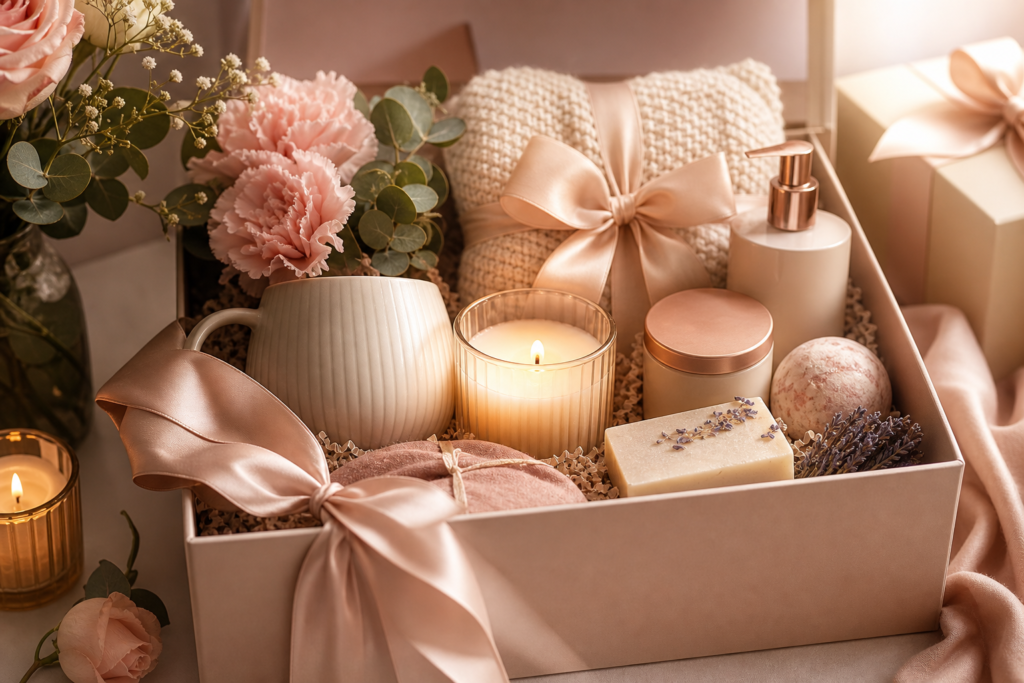 Kit de brindes corporativos para Dia das Mães com itens de autocuidado, vela aromática, flores e produtos de bem-estar em embalagem premium