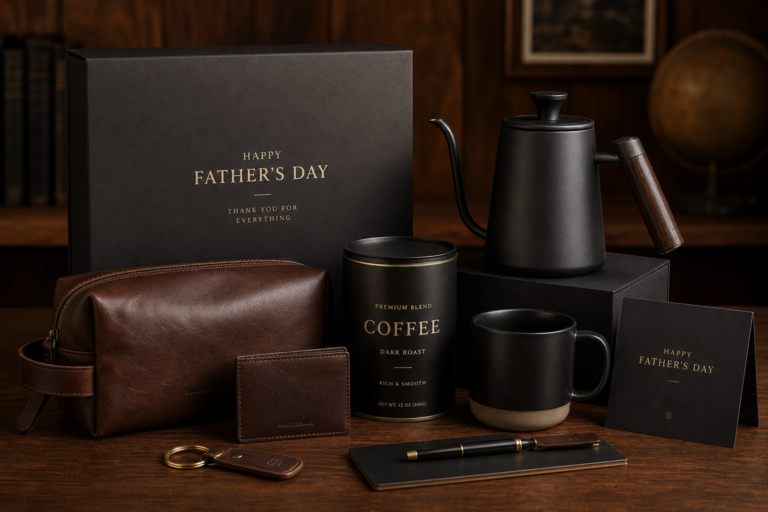 Kit de brindes corporativos para Dia dos Pais com café premium, acessórios em couro e itens executivos em embalagem sofisticada
