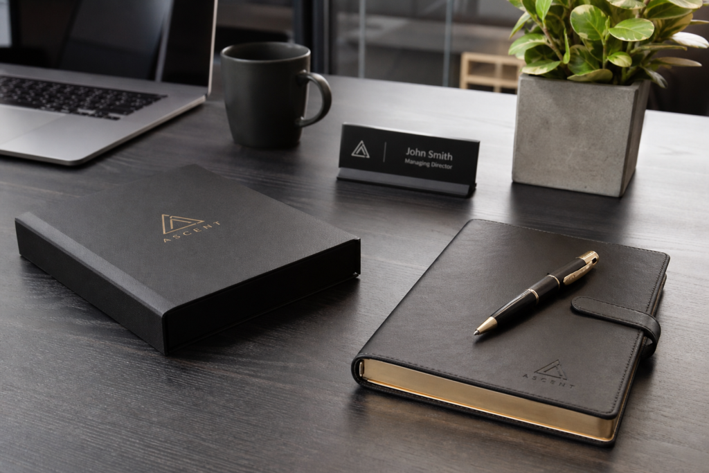 Brindes corporativos de escritório premium com caderno executivo personalizado, caneta e kit organizacional para ambiente de trabalho