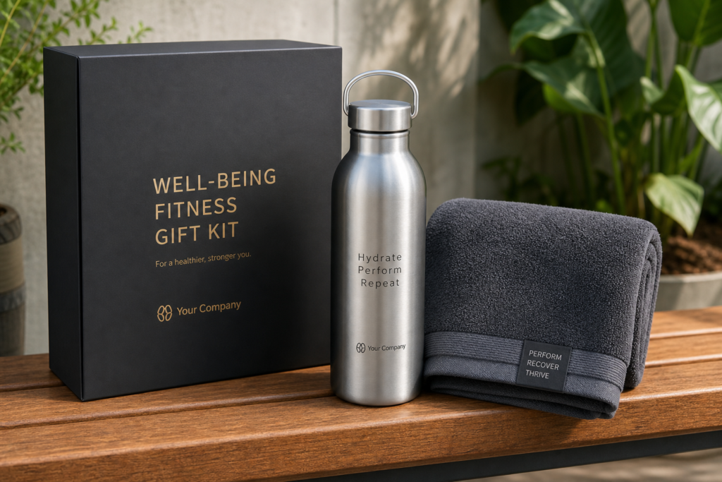 Kit de brindes corporativos de esporte e lazer com squeeze inox e toalha fitness para bem-estar e atividades físicas