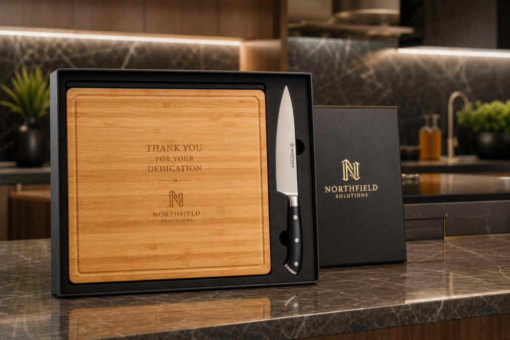 Kit de brindes corporativos gourmet premium contendo tábua de corte em madeira personalizada e faca de chef em estojo de luxo, ideal para presentes executivos.