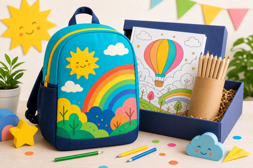 Kit de brindes corporativos infantis com mochila escolar personalizada, lápis de cor e itens educativos para campanhas familiares
