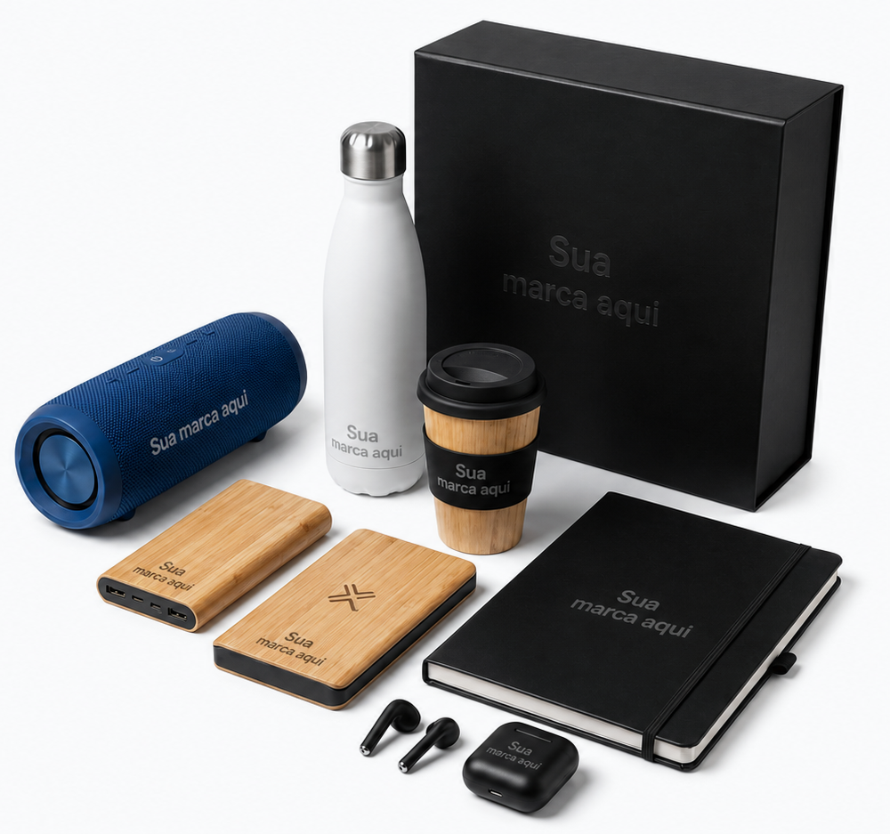 kit de brindes corporativos personalizados com sua marca aqui para empresas e ações de marketing