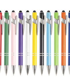 Diversas Canetas Metálicas Touch coloridas e personalizáveis, um brinde corporativo tecnológico oferecido pela L2 Brindes.