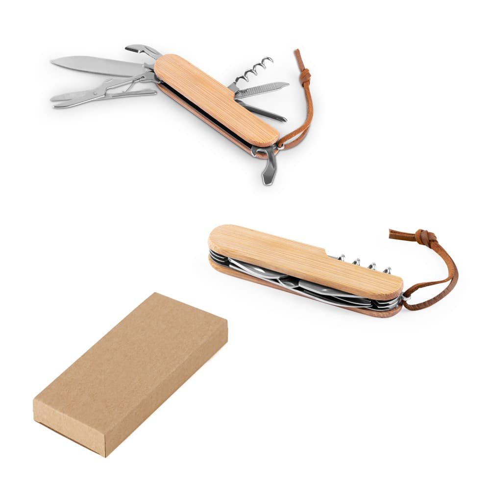 canivete-multifuncional-bambu-personalizado-l2 Canivete multifuncional personalizado com corpo de bambu e 7 ferramentas de aço inox, ao lado de sua caixa de presente em papel kraft.