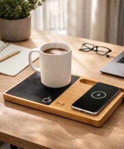 Carregador por indução em bambu com aquecedor de caneca e suporte para celular personalizado
