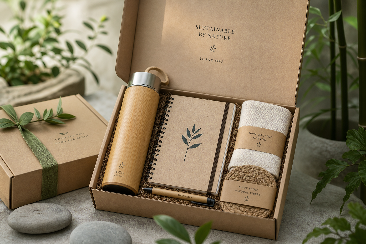 Kit de brindes corporativos ecológicos com garrafa de bambu, caderno kraft reciclado e itens sustentáveis em embalagem personalizada