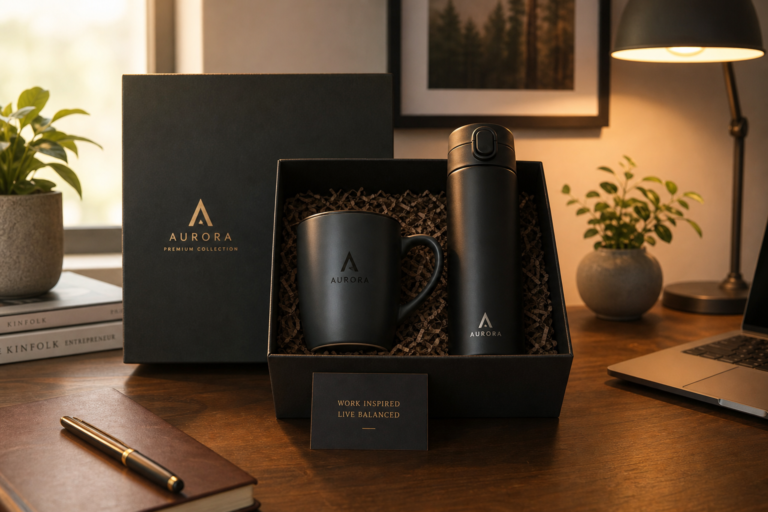 Kit de brindes corporativos para casa com caneca personalizada, garrafa térmica e embalagem premium para ações de home office
