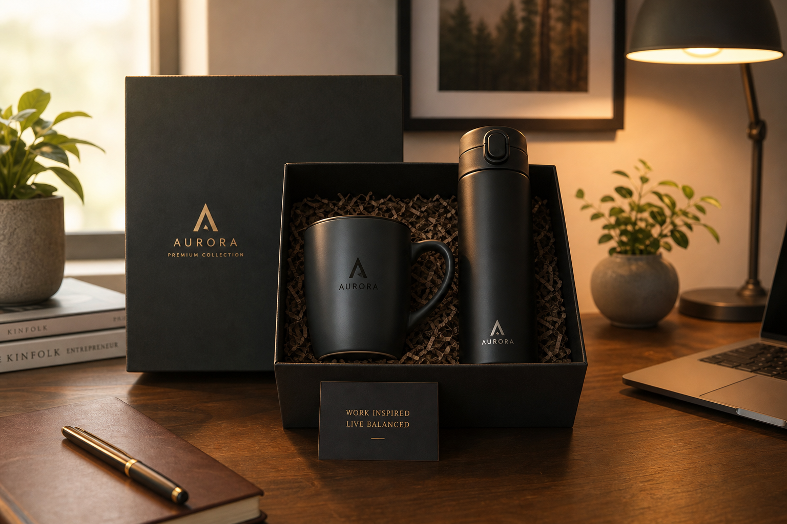 Kit de brindes corporativos para casa com caneca personalizada, garrafa térmica e embalagem premium para ações de home office