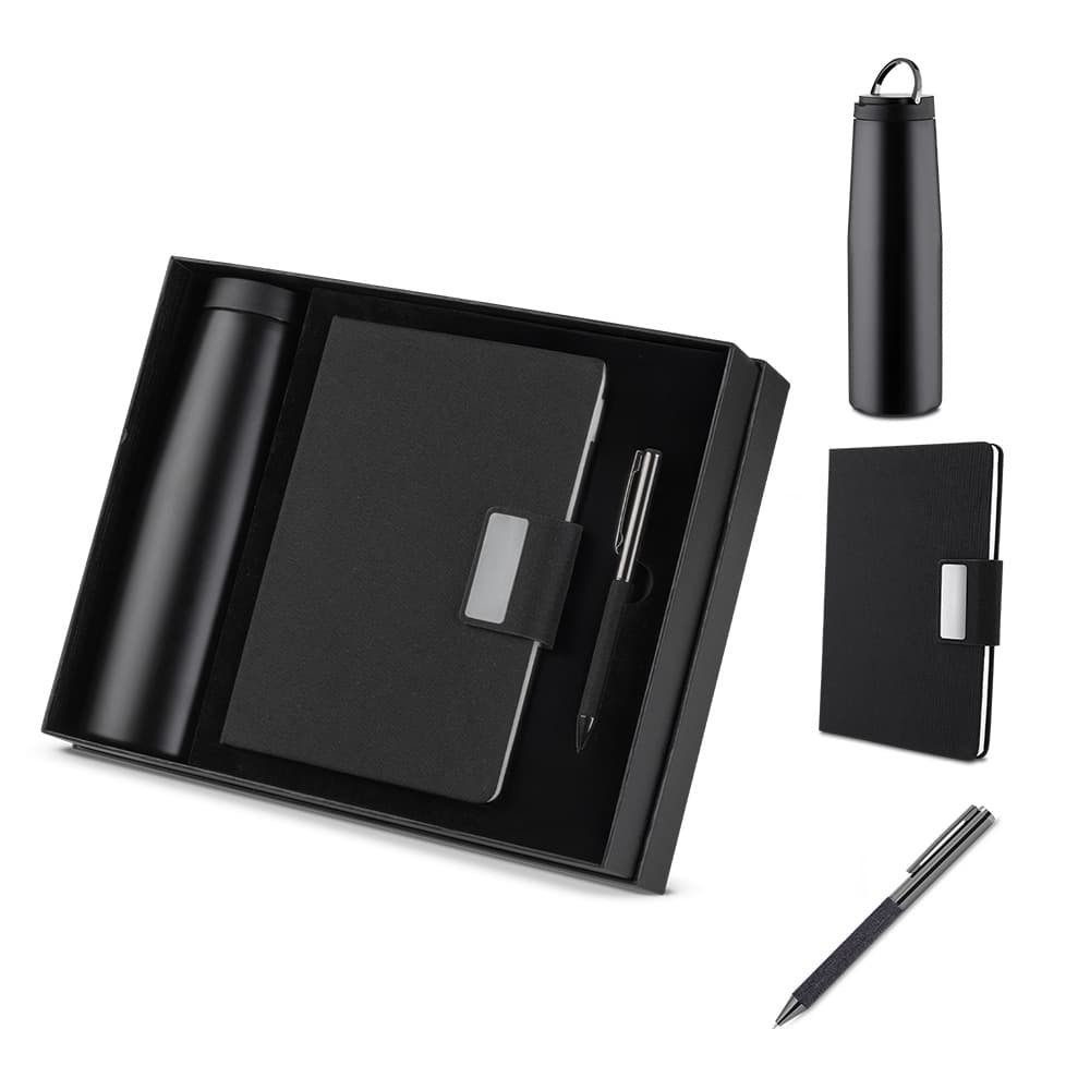 kit-ecologico-personalizado-rpet-sustentavel Kit ecológico personalizado para empresas, com garrafa térmica preta, caderno e caneta de material reciclado RPET, dentro de estojo preto.