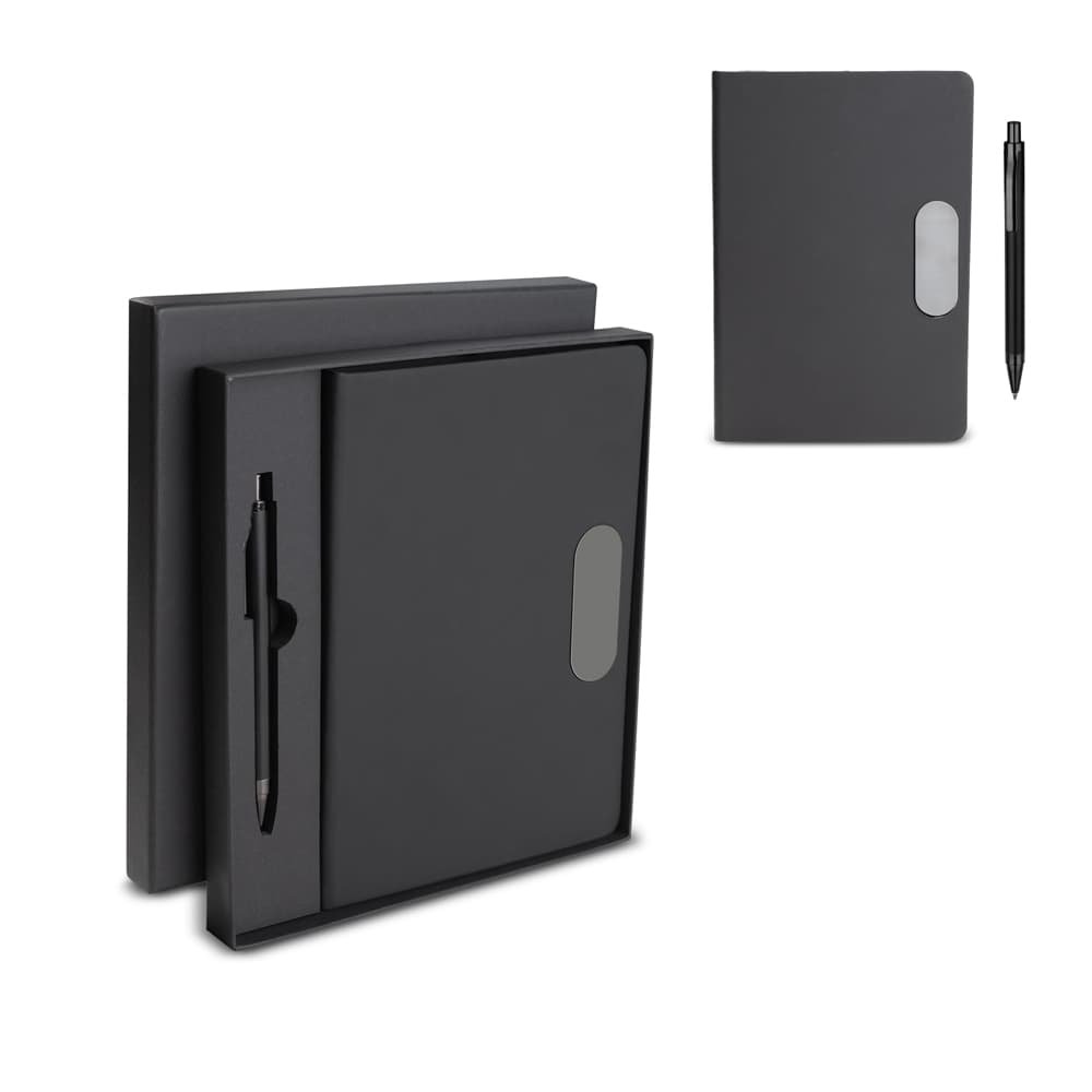 kit-escritorio-executivo-personalizado-preto Kit escritório executivo personalizado, mostrando o caderno preto com placa metálica e a caneta de alumínio preta ao lado da caixa presenteável.