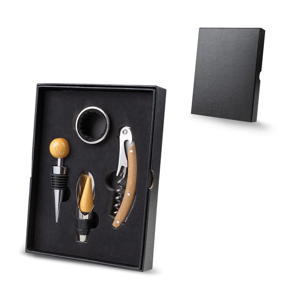 kit-vinho-personalizado-bambu-caixa-preta Kit vinho personalizado com 4 peças em estojo preto, destacando o saca-rolhas e tampa com detalhes em bambu natural.