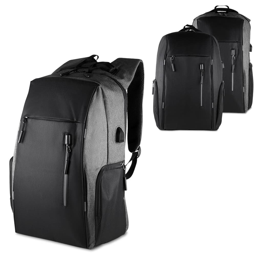 mochila-refletiva-seguranca-personalizada Mochila de segurança personalizada nas cores cinza e preta, com faixas refletivas visíveis e conector USB lateral, para brinde corporativo de segurança.