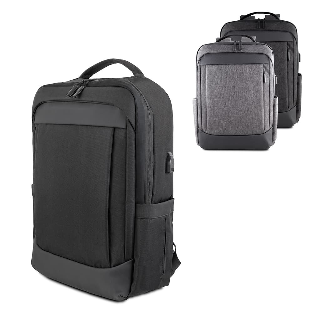 mochila-tech-personalizada-l2-brindes Mochila preta para notebook personalizada com conector USB e alça para mala de viagem, ideal para brinde corporativo.