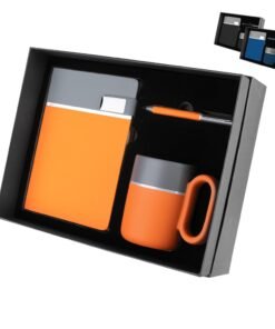 Kit escritório personalizado com caderno A5 em PU cinza, caneta metálica e caneca de cerâmica