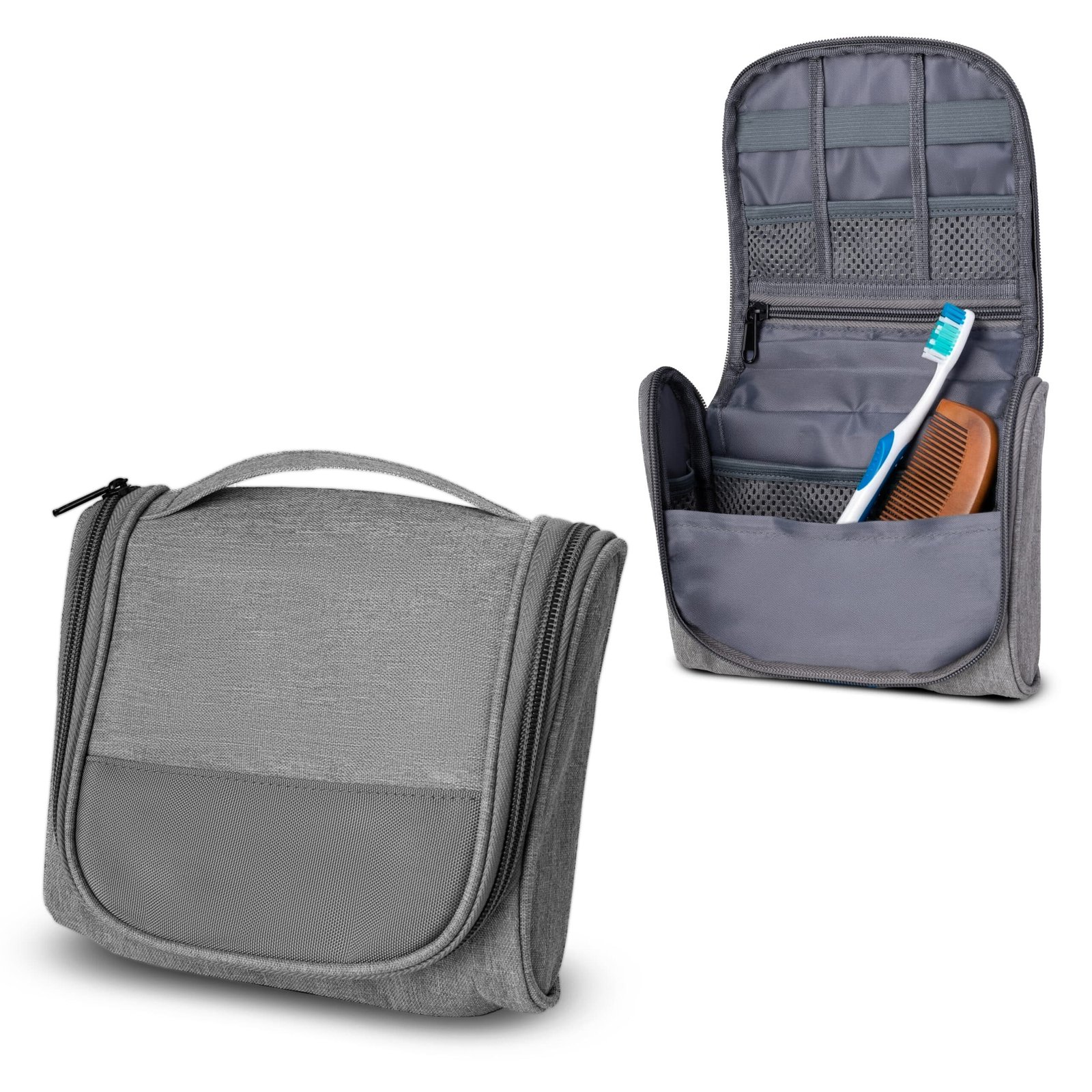 Necessaire Personalizada NE108 - vista externa Necessaire personalizada com logo em poliéster 300D cinza