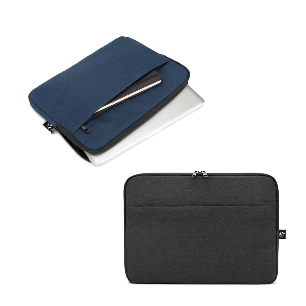 Bolsa para notebook personalizada em poliester reciclado 600D - L2 Brindes Bolsa para notebook personalizada em poliéster reciclado com laptop 14 polegadas e bolso frontal
